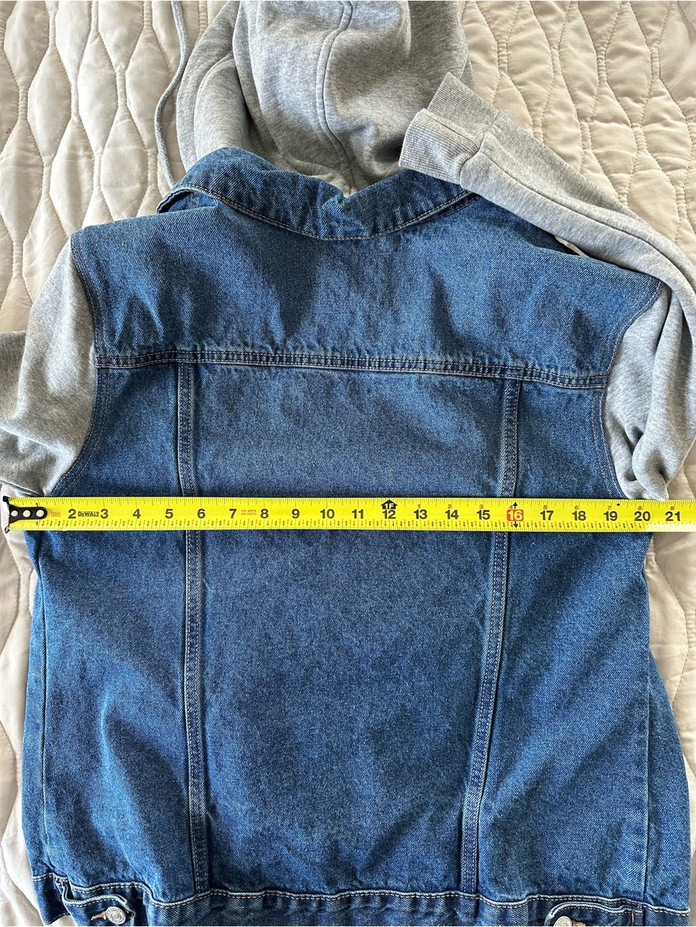 Eighty Two Women’s Denim Jacket with Heather Grey Hoodie & Sleeves 90s Varsity L - Picture 5 of 7